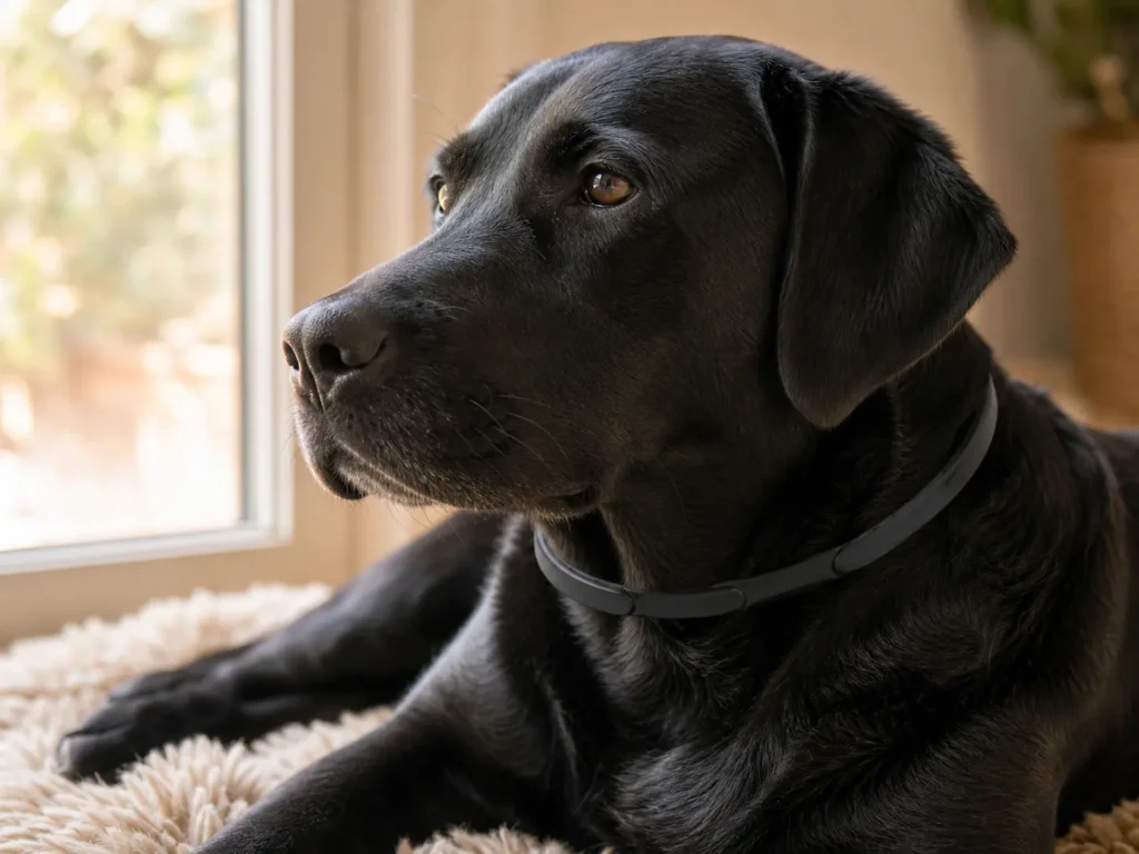 Close-up of a dog wearing an ThunderEase Calm On-the-Go Collar to reduce noise anxiety.