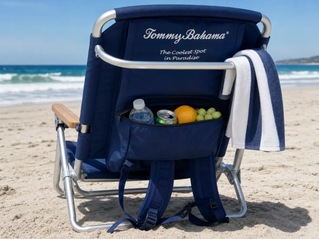 A close-up of a blue Tommy Bahama 5-position backpack beach chair displaying its built-in cooler pouch and insulated cup holder on a sunny beach.