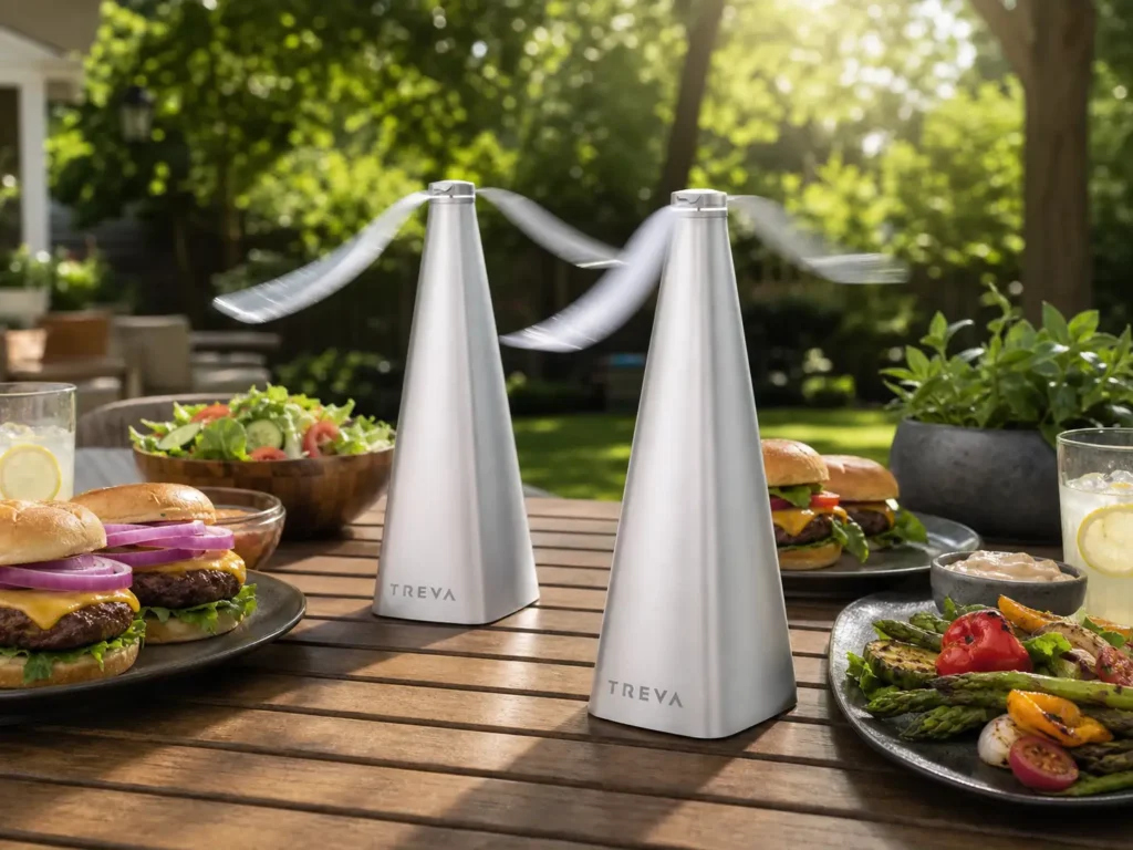 Two sleek silver Treva bug fans spinning on an outdoor patio dining table next to grilled burgers.