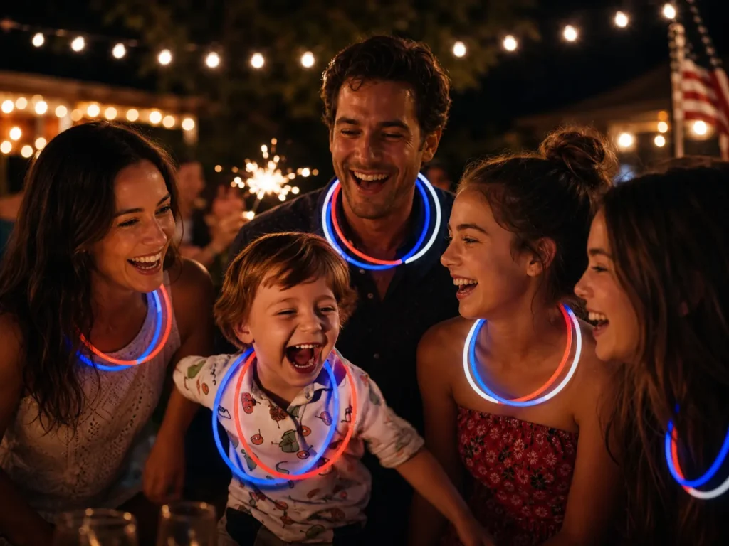A group of children and adults wearing glowing red white and blue glow stick necklaces at an evening backyard fireworks display.