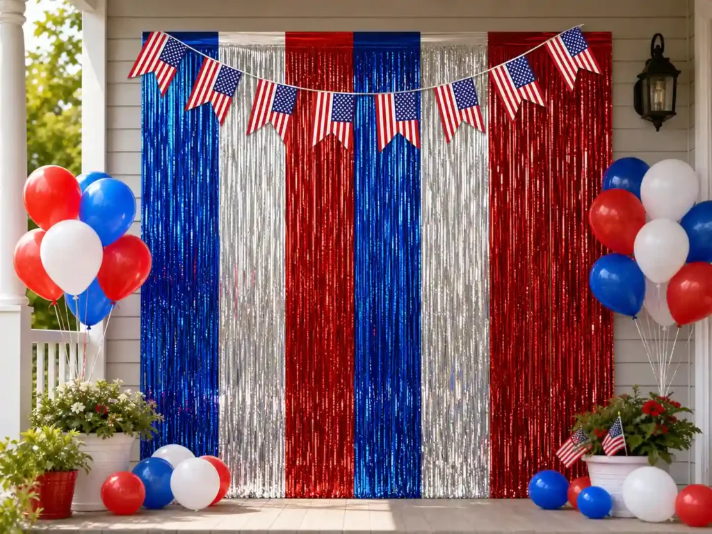ZATAYE Red Silver Blue fringe curtains hung up as a shimmering metallic photo backdrop for an Independence Day backyard party.
