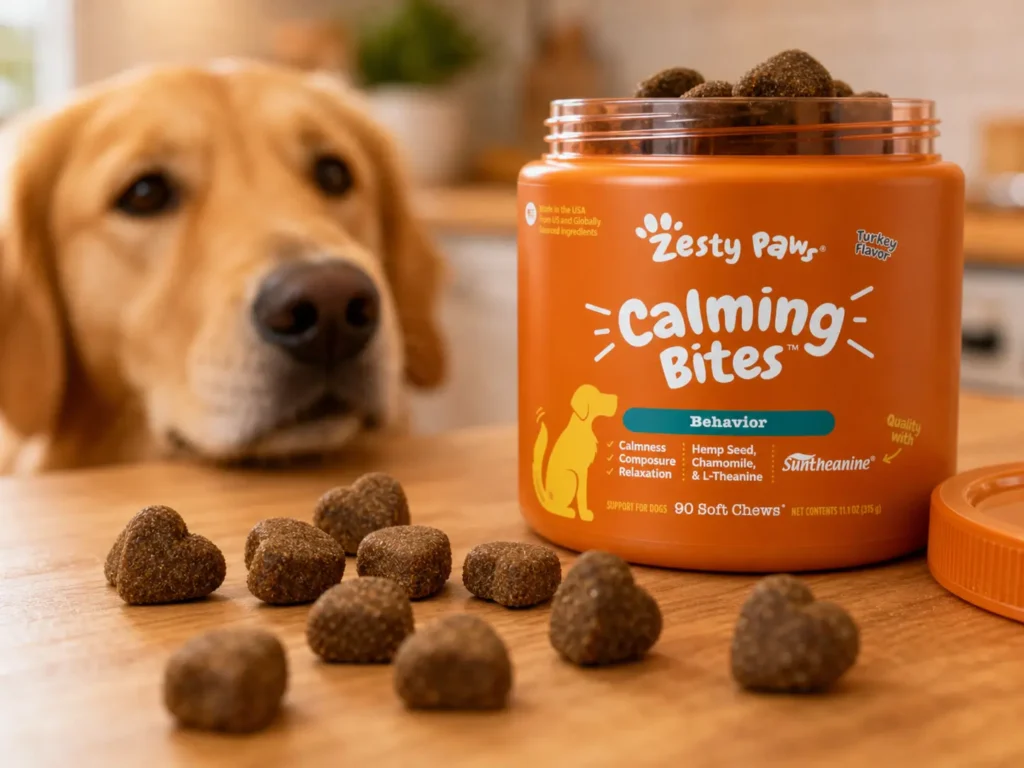 Zesty Paws Calming Bites jar with soft heart-shaped turkey-flavored calming chews for dogs on a wooden counter.
