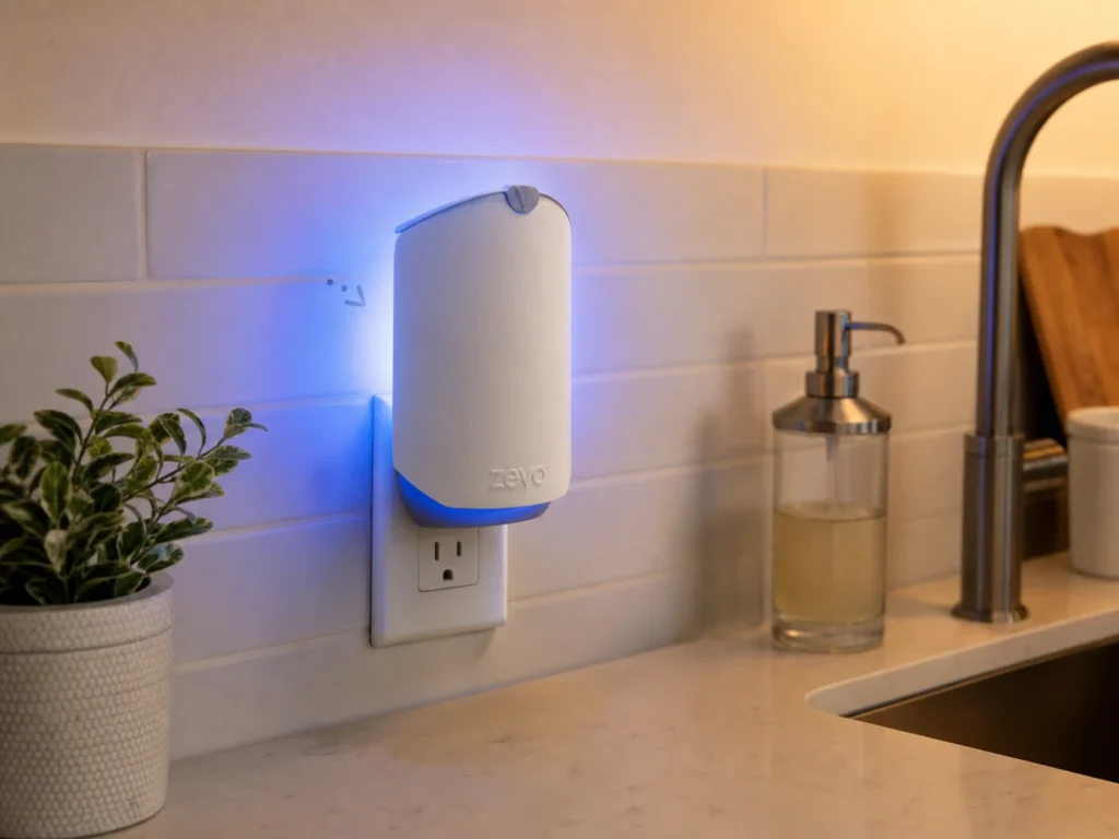 Zevo Flying Insect Trap Starter Kit plugged into a wall outlet near a kitchen sink, casting a blue UV light with a curved white shield.