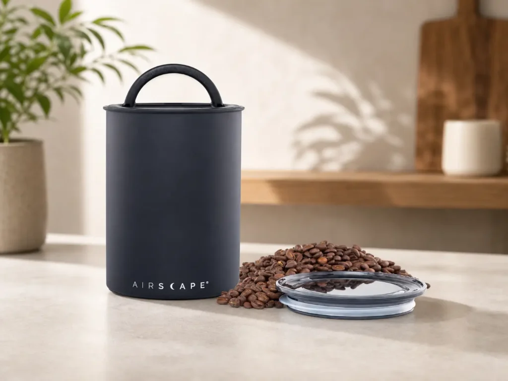 The matte black Planetary Design Airscape Stainless Steel Coffee Canister on a shelf next to fresh whole coffee beans.