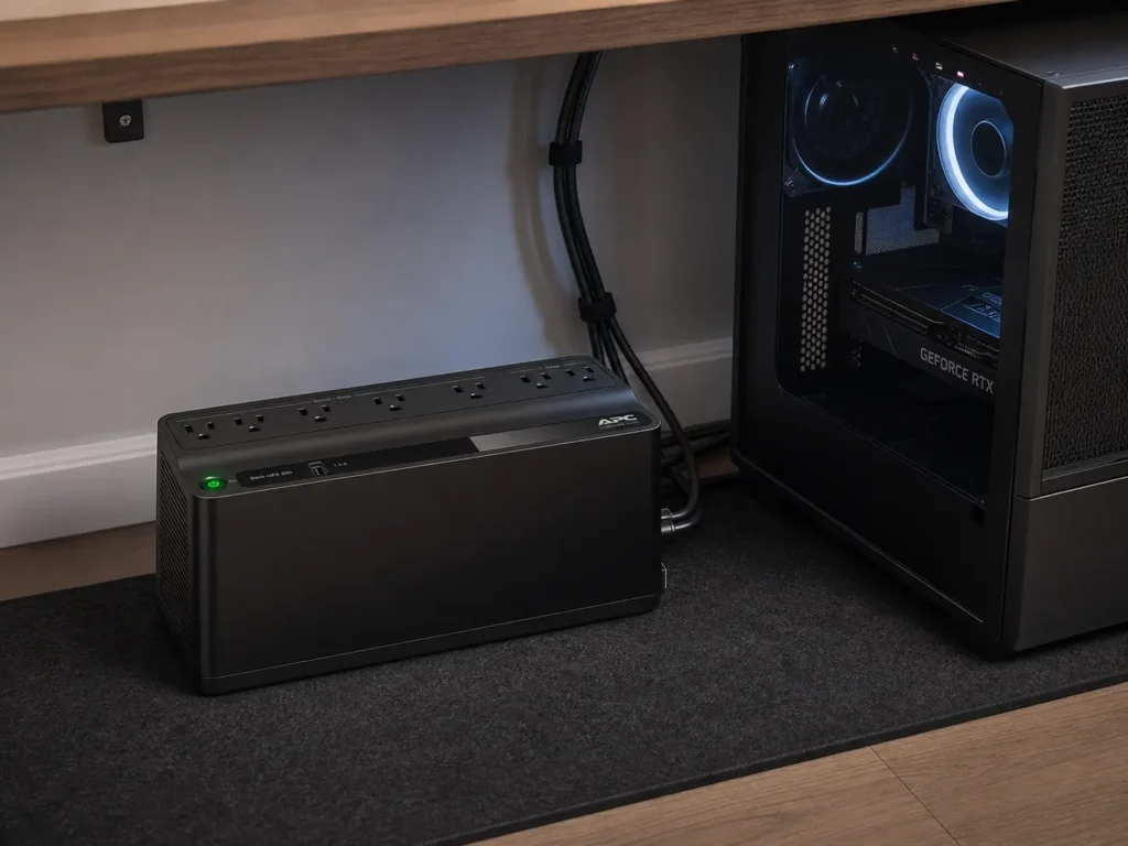 APC UPS 600VA Battery Backup and Surge Protector BE600M1 sitting next to a desktop PC tower under a desk