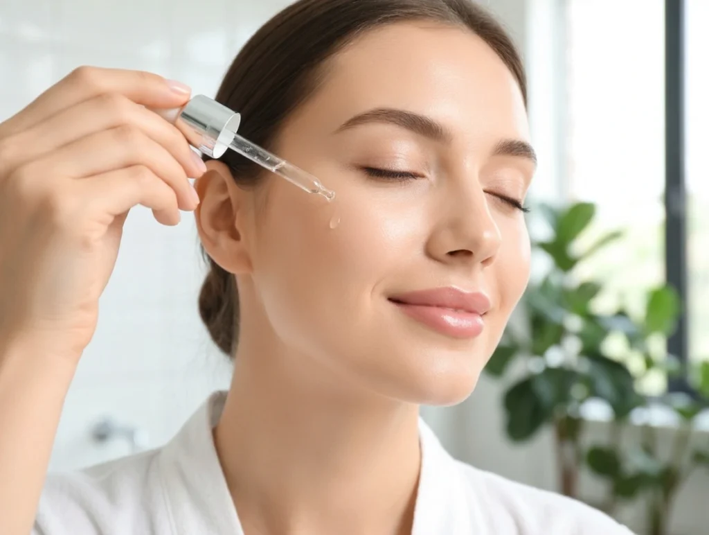 A woman applying a hydrating Vitamin C serum to her cheek in a bright, modern bathroom, showcasing a summer skincare routine.