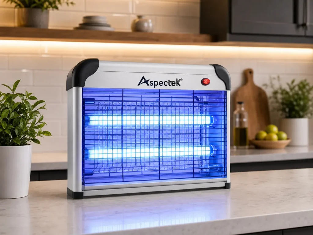 The silver aluminum ASPECTEK bug zapper sitting securely on a kitchen counter, glowing with a soft blue UV light.