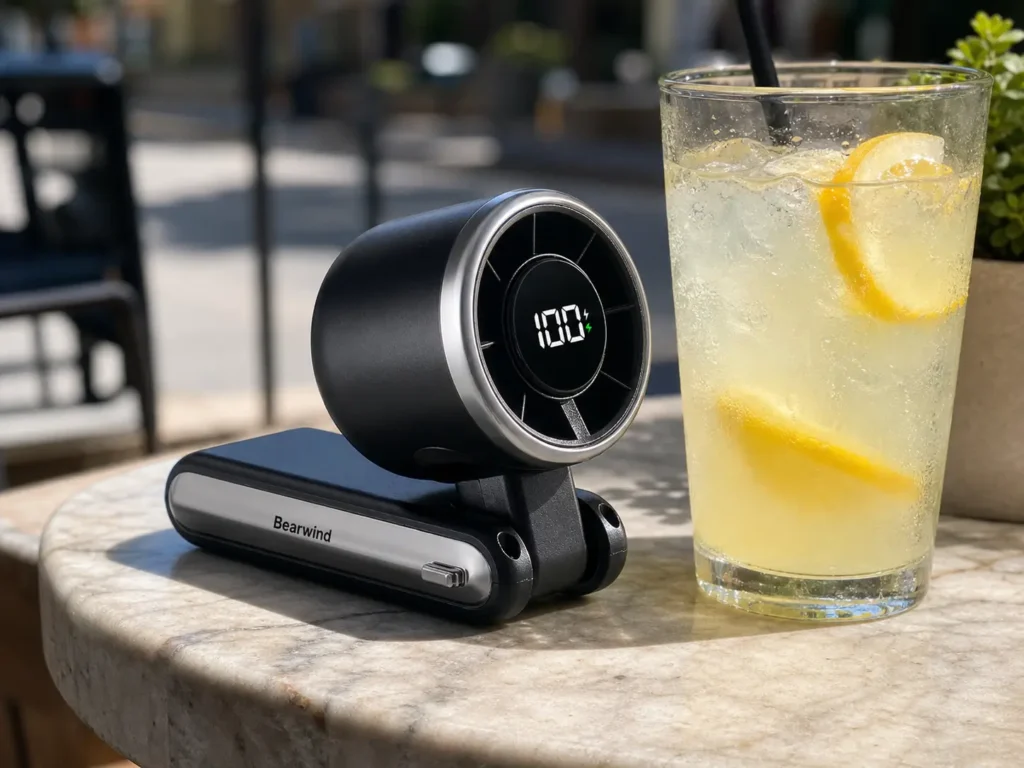 The Bearwind Portable Handheld Turbo Fan sitting on a wooden table, showing its compact and high-speed personal cooling design.