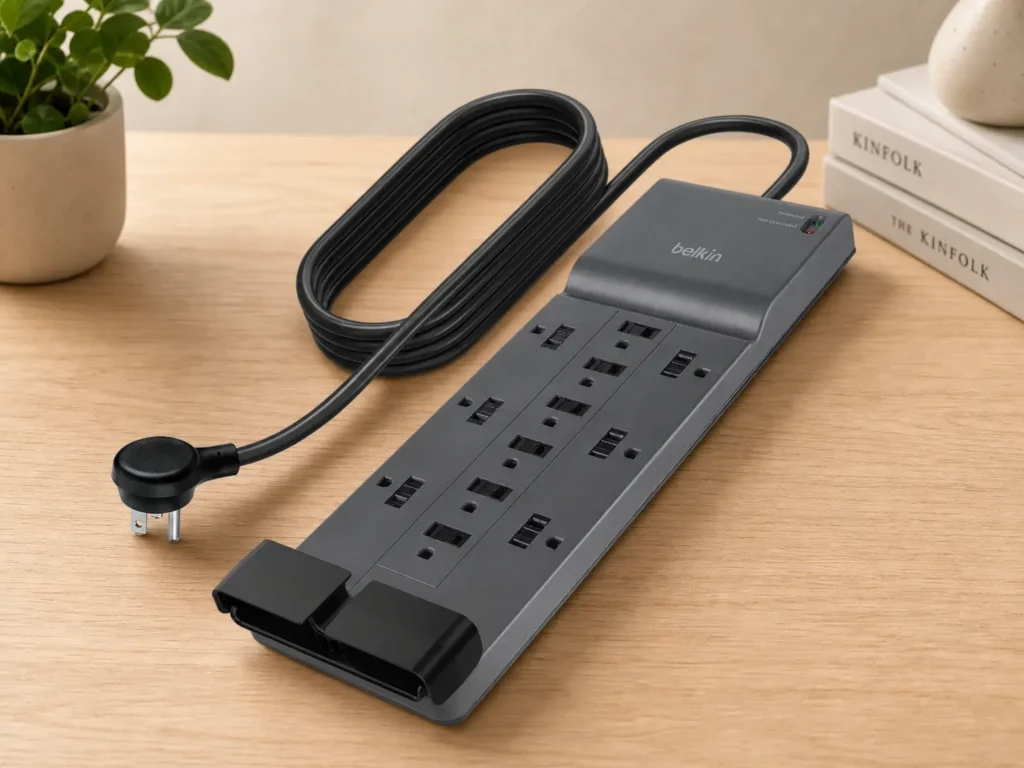Belkin surge protector for summer storms under a dark wood desk setup