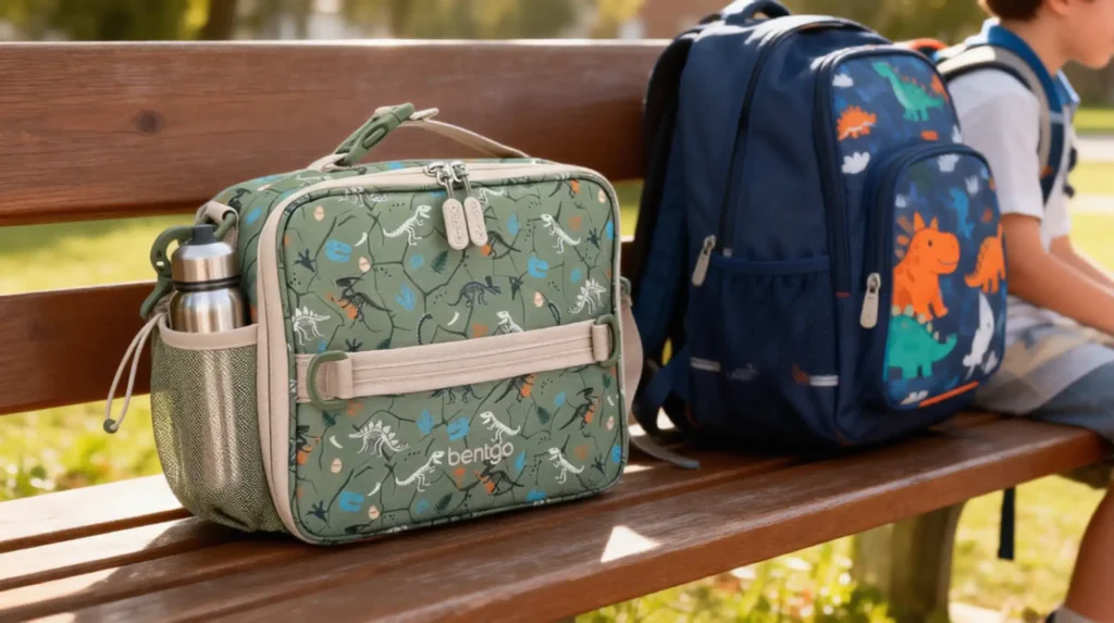 A zippered dinosaur-pattern Bentgo Kids Prints insulated lunch bag resting next to a child's school backpack on a wooden mudroom bench