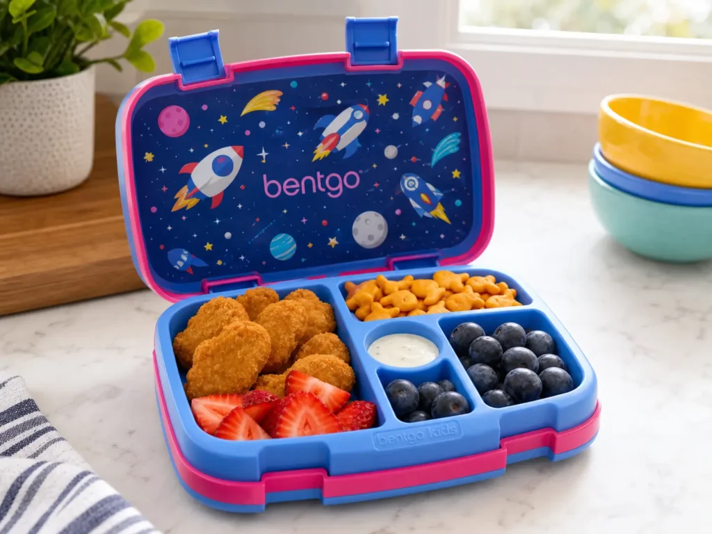 Vibrant rocket-patterned Bentgo Kids Prints leakproof bento box sitting open on a kitchen counter displaying five neat compartments packed with strawberries, grapes, crackers, nuggets, and dip