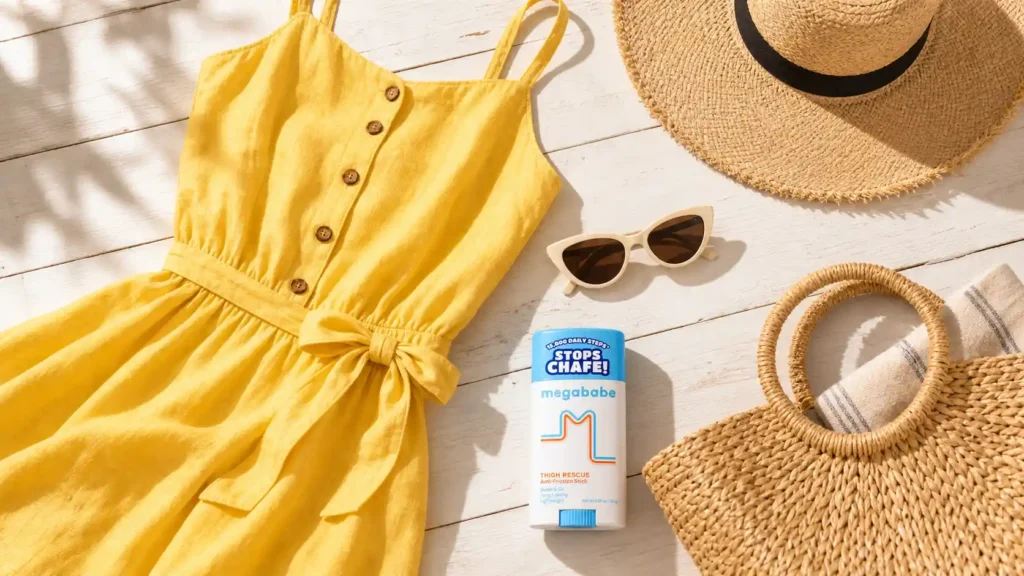A bright summer flat lay featuring a linen dress, straw hat, and an anti-chafe balm stick representing chub rub prevention under dresses.