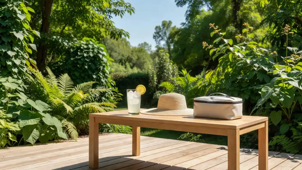 A beautiful summer backyard deck setting with a wooden patio table, iced lemonade, a woven sunhat, and a compact travel first-aid kit, representing a comfortable, bug-free outdoor lifestyle.