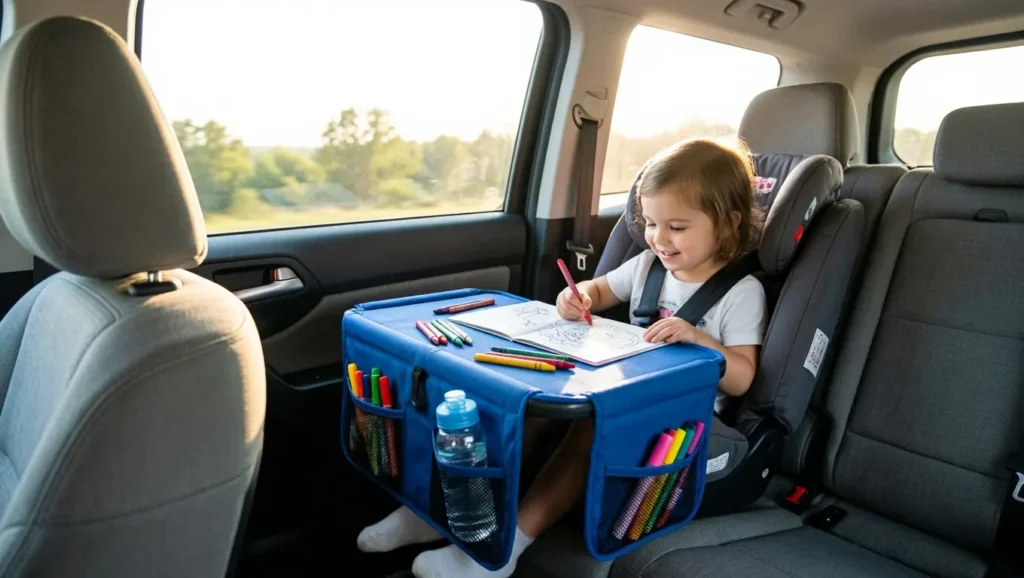 A child using a blue car seat activity tray for road trips to color with crayons in the car.
