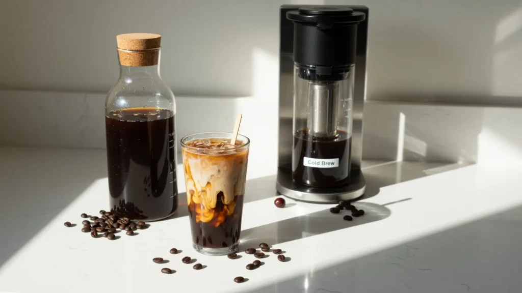 An aesthetic kitchen setup of a fresh cup of iced cold brew coffee with milk swirling inside next to a home cold brew coffee maker.