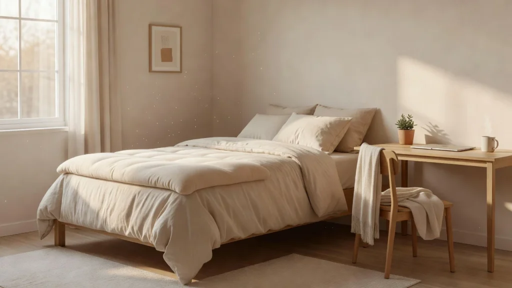 The best cooling twin xl mattress topper being unrolled on a dorm bed frame