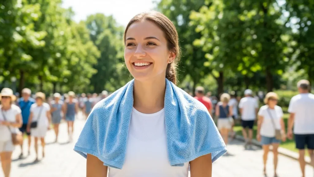 Woman staying cool outdoors using one of the best cooling towels for summer heat