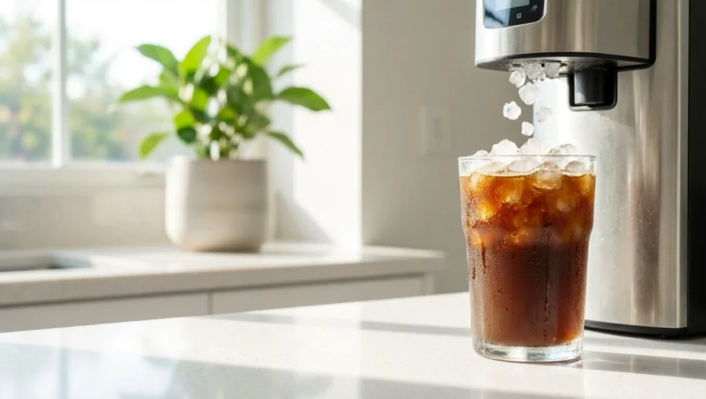 A glass of iced coffee made by the best countertop nugget ice makers.
