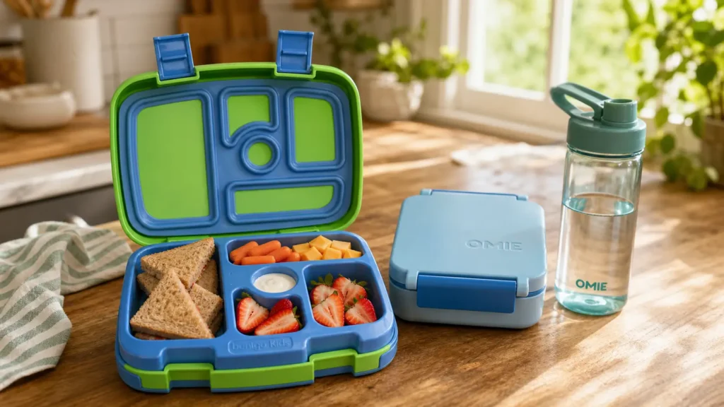 An OmieBox vs Bentgo head-to-head comparison display, showing popular leak-proof bento boxes for kids sitting on a sunlit wooden kitchen counter packed with fresh berries, carrots, and sandwiches