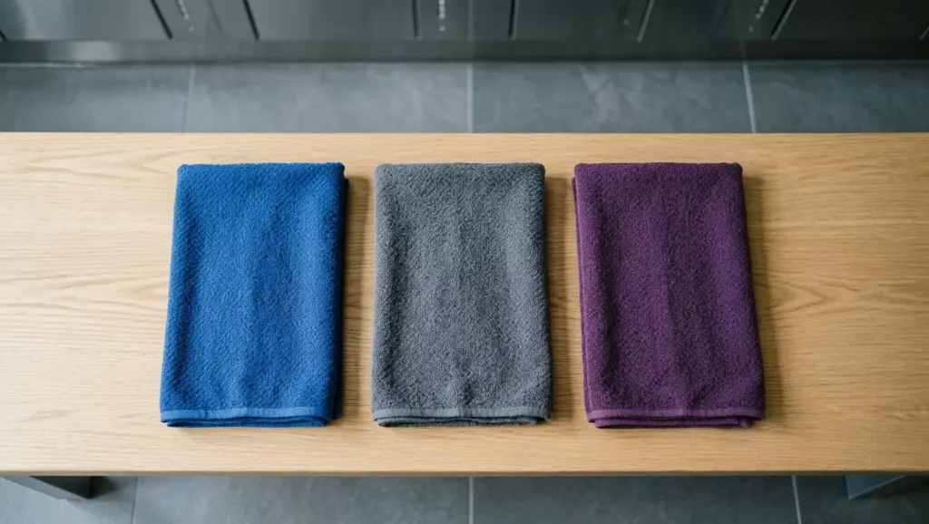 A minimalist flatlay of the best odor-free workout towels arranged neatly on a wooden gym locker room bench.