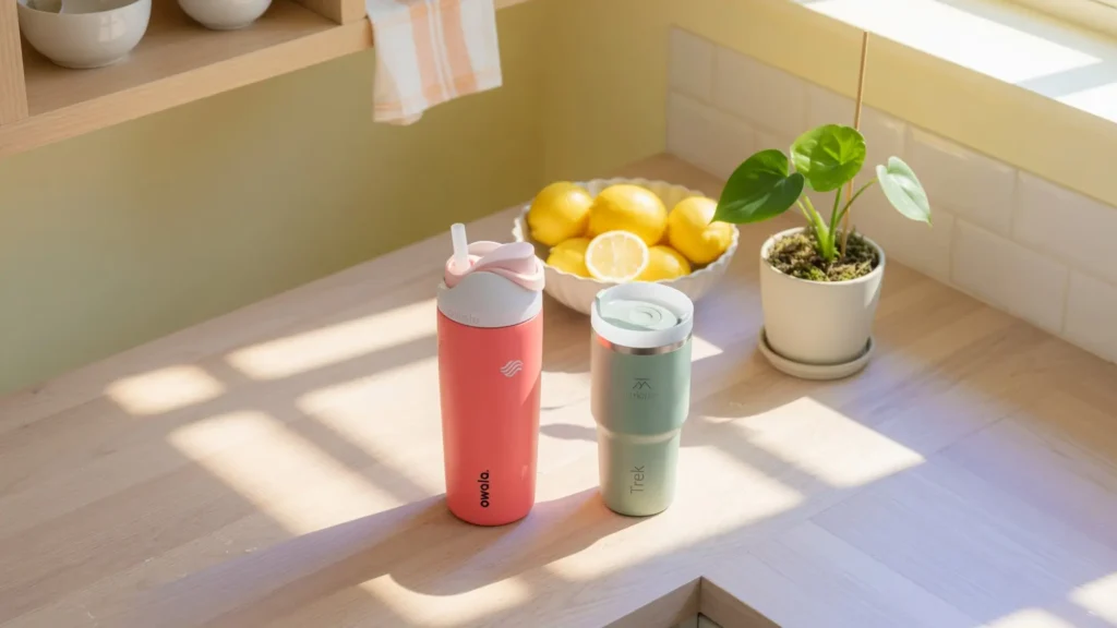 Best spill proof 40 oz tumbler with straw on a sunny minimalist kitchen counter