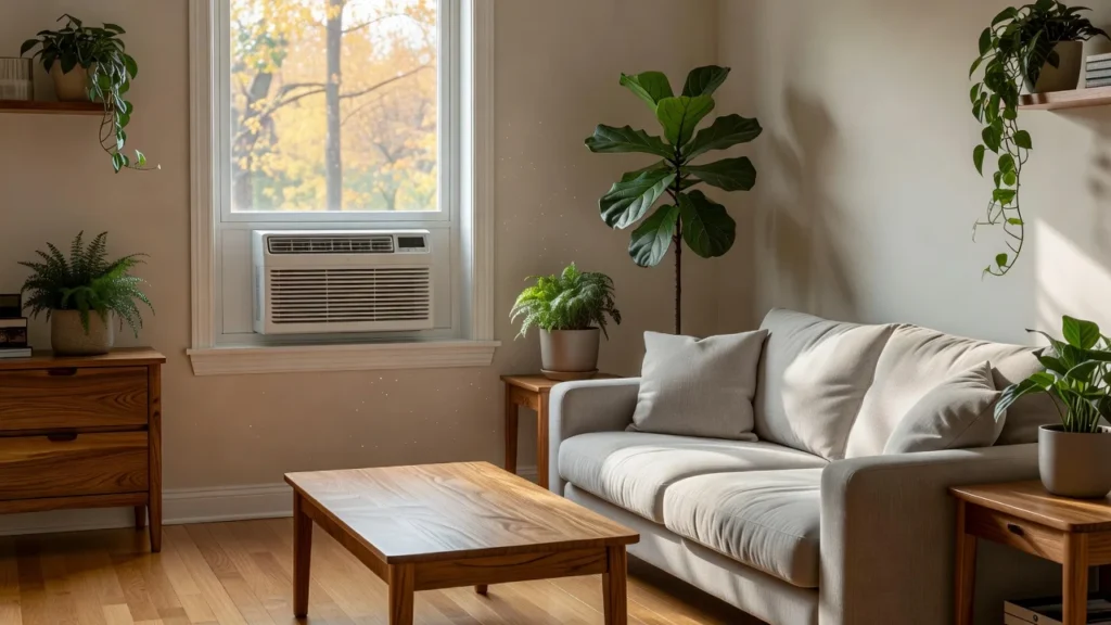 Modern living room comparing a u shaped window ac vs portable ac to survive the summer heatwave
