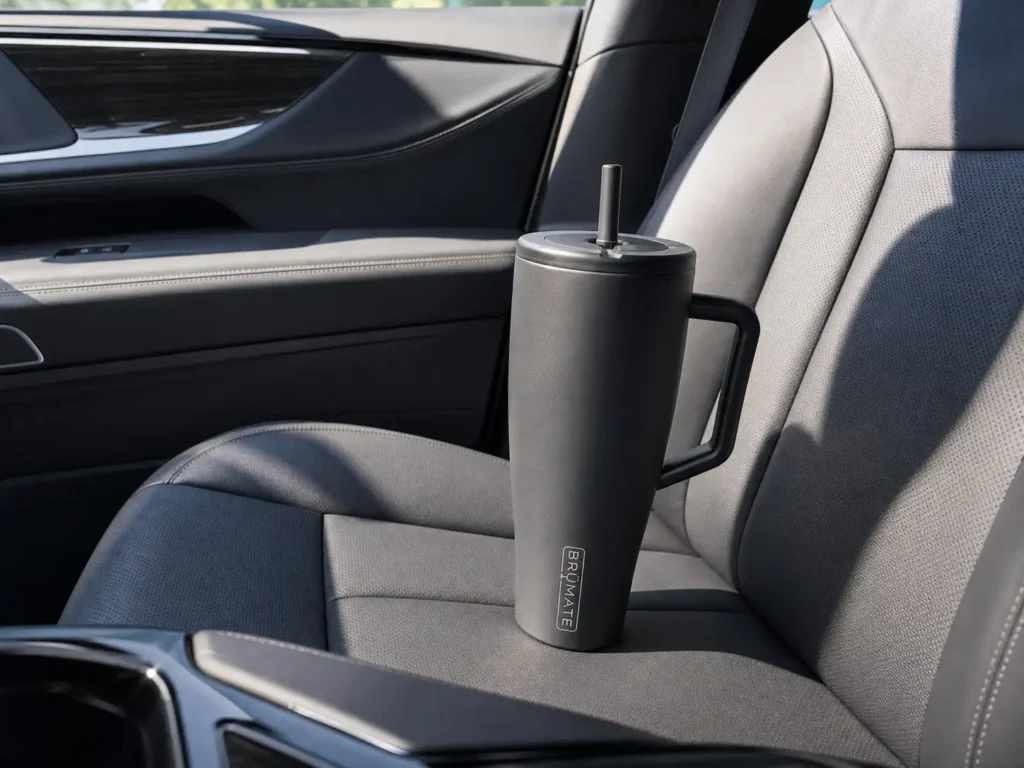 Matte charcoal gray BrüMate Era 40 oz Tumbler sitting securely on a leather car seat.