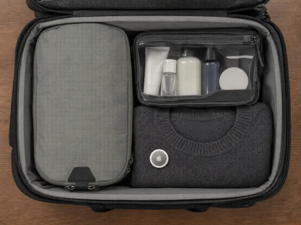 Organized carry-on luggage containing compression packing cubes, clear toiletry bag, and an Apple AirTag.