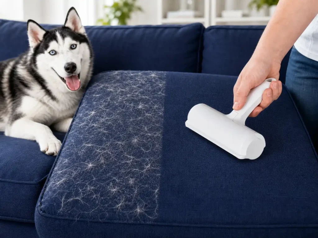 ChomChom Pet Hair Remover being rolled on a navy blue couch cushion removing white and golden dog fur.