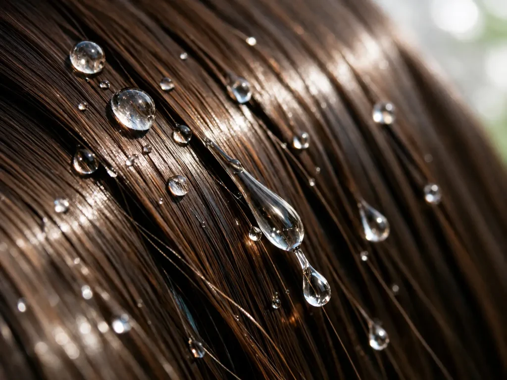 Water droplets sliding off hair treated with COLOR WOW Dream Coat Supernatural Spray