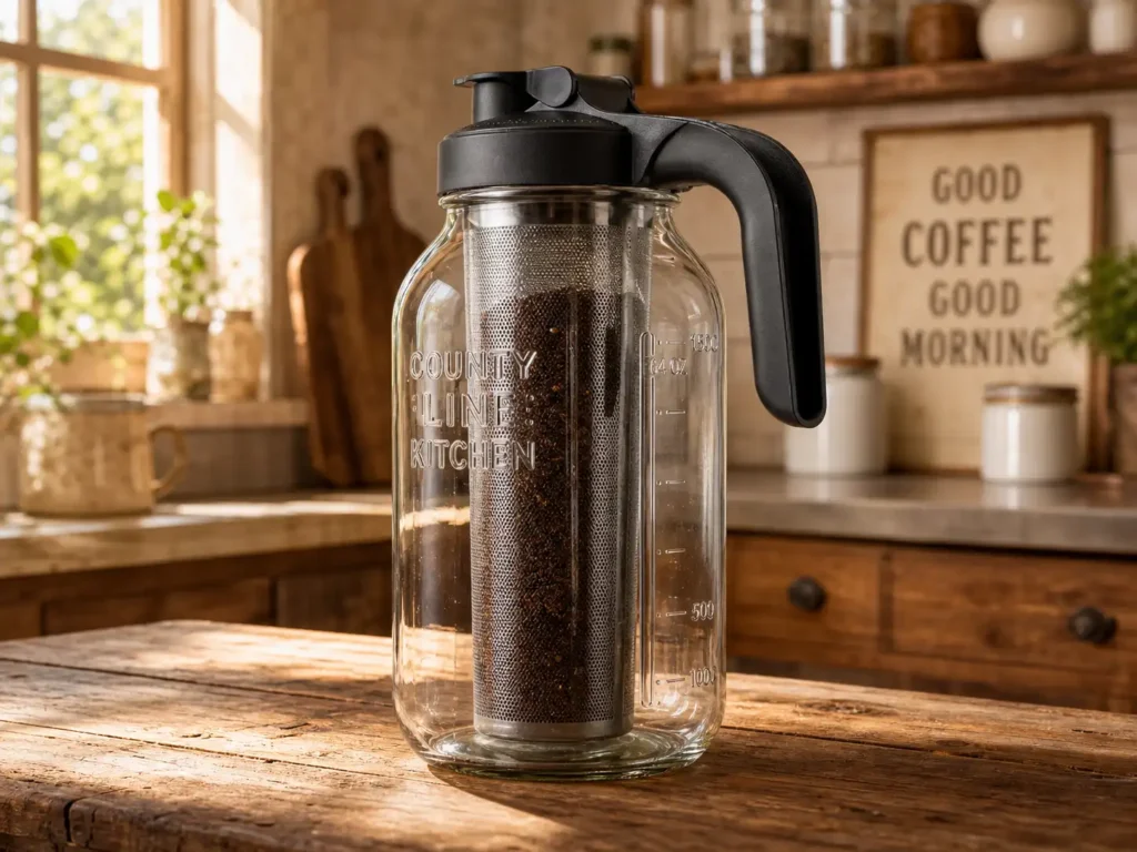 A side-by-side comparison of the County Line Kitchen vs Takeya Cold Brew makers on a rustic kitchen counter.