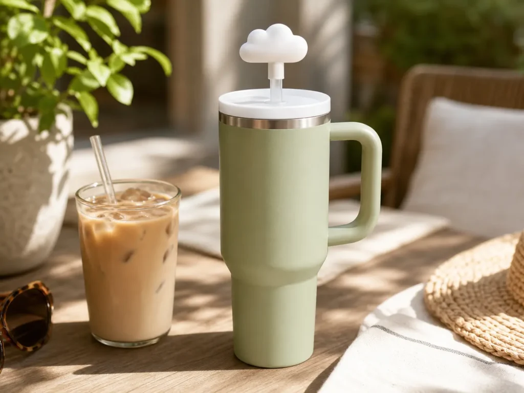 Cute cloud-shaped white silicone straw cover cap fitted on the straw of a green 40 oz travel tumbler.