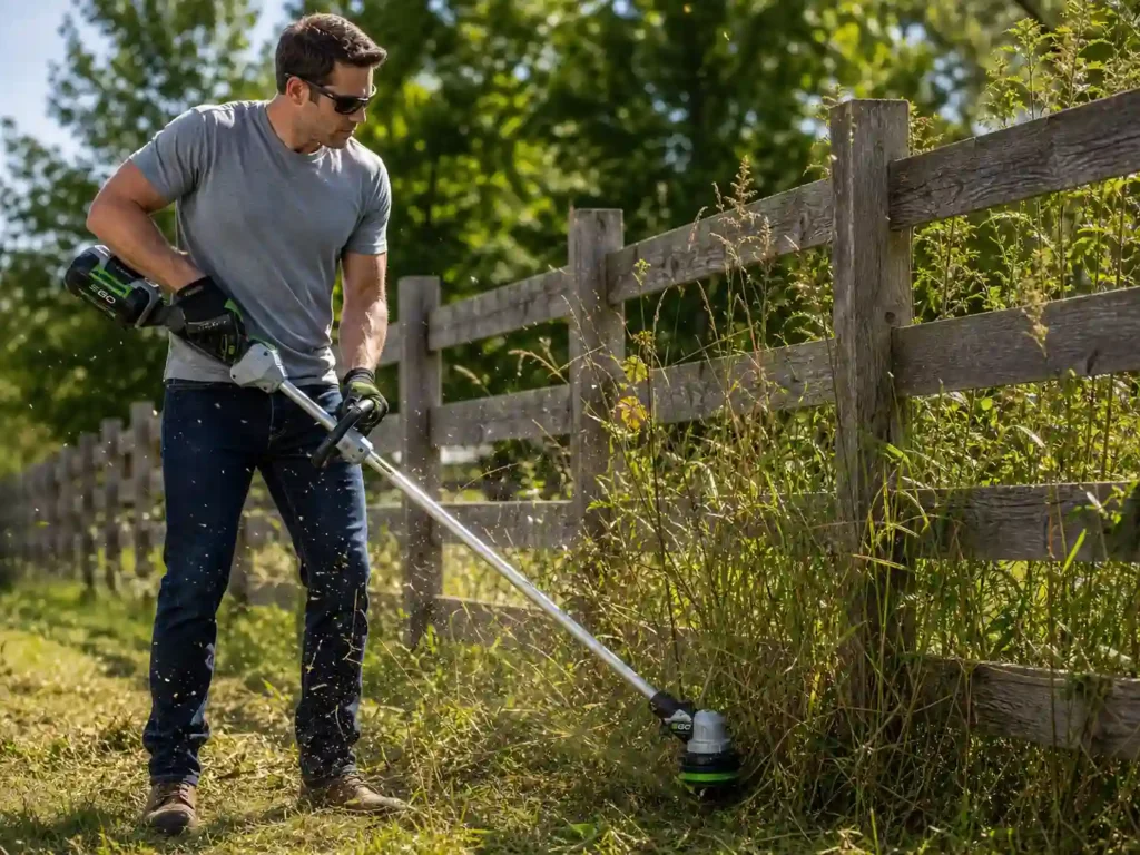 A homeowner cutting down tall, thick overgrown summer weeds next to a wooden fence using a powerful green EGO Power plus 56V string trimmer