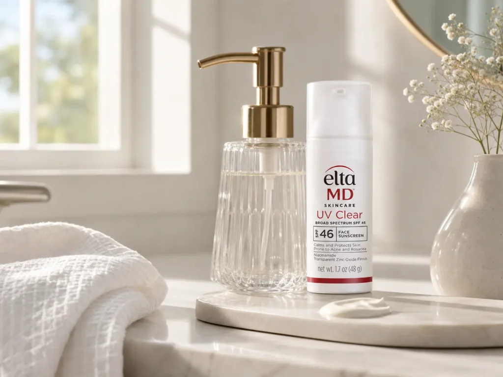 A bottle of EltaMD UV Clear Broad-Spectrum SPF 46 Face Sunscreen displayed on a sleek countertop next to a morning skincare setup.