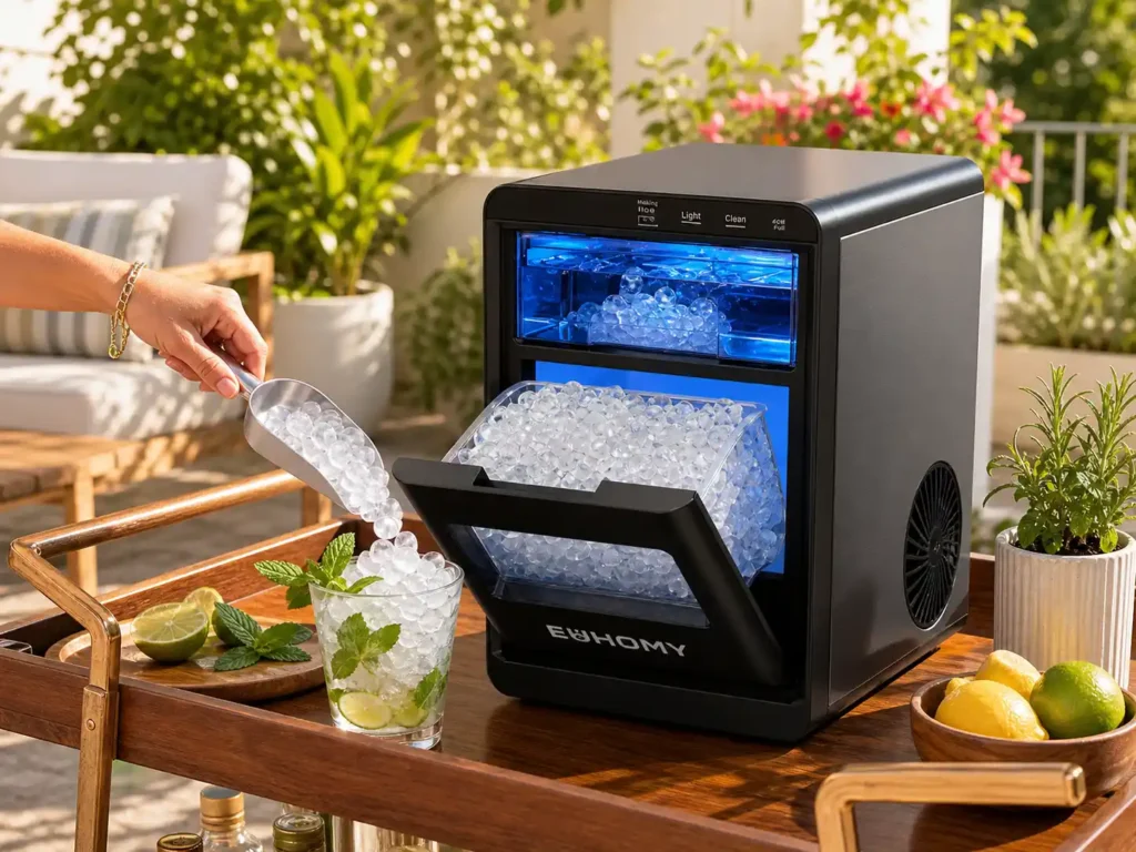 EUHOMY Nugget Ice Maker Countertop with portable handle on an outdoor patio bar cart filled with soft chewable sonic style ice.