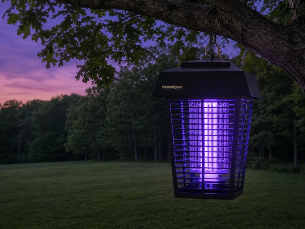 A heavy-duty Flowtron BK-40D bug zapper hanging from a tree branch near the edge of a large backyard lawn.