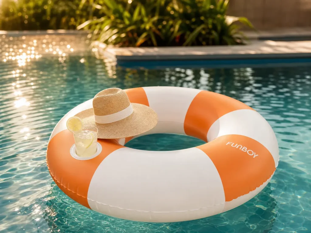 A luxury orange and white striped FUNBOY Giant Vintage Stripe Inflatable Pool Float drifting on a sparkling backyard swimming pool.