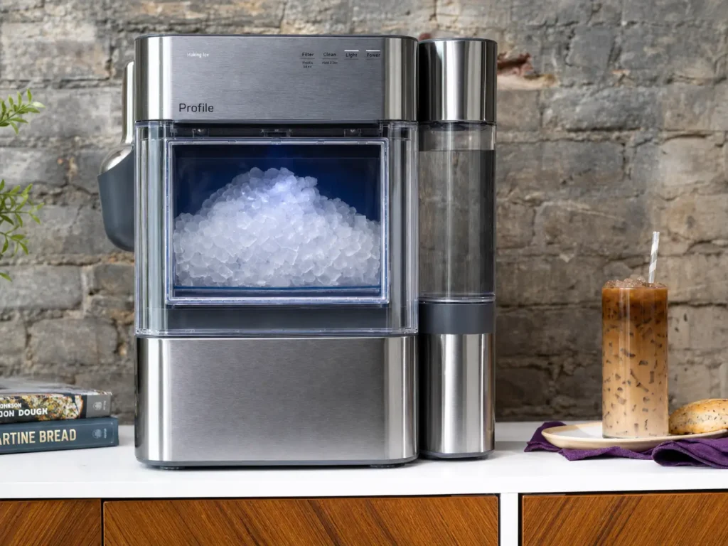 GE Profile Opal 2.0 Ultra Nugget Ice Maker with Side Tank and scale inhibiting filter producing soft, chewable nugget ice.