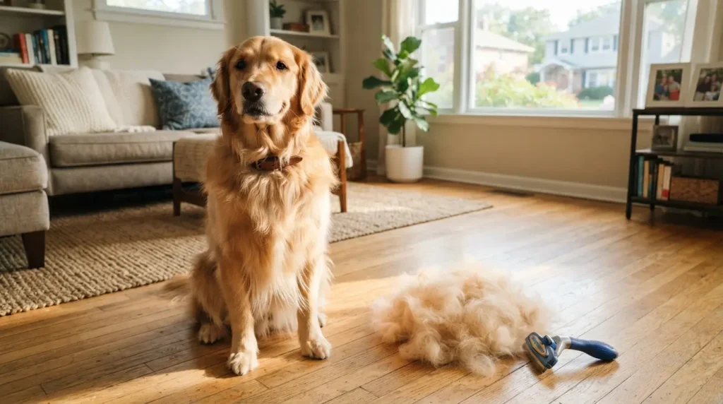 A happy Golden Retriever sitting on a sunlit hardwood floor next to a pile of brushed fur and a grooming brush in a modern living room.