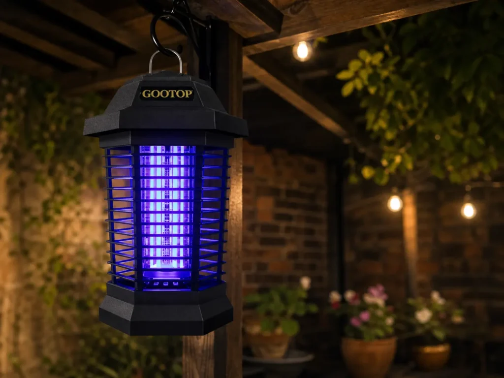 The GOOTOP Bug Zapper hanging under a wooden patio roof, radiating a soft purple light as dusk sets in.