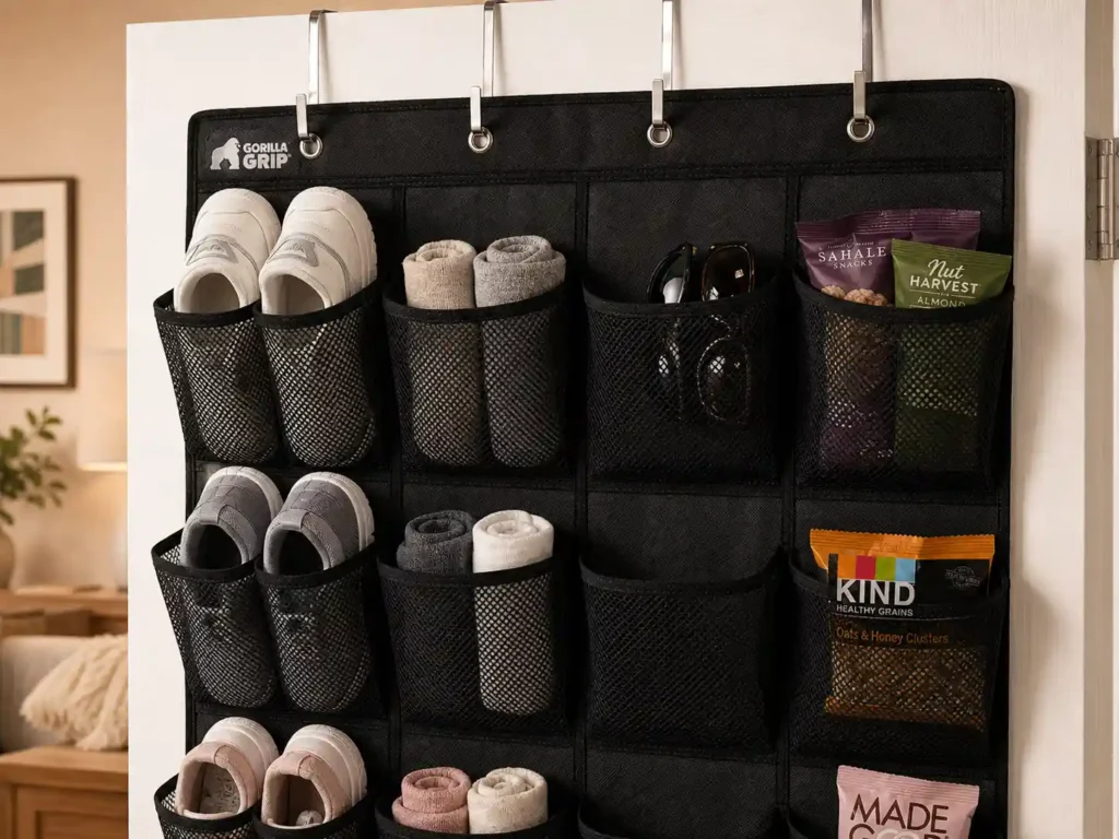 GORILLA GRIP over the door shoe organizer with 24 breathable mesh pockets hanging on a white bedroom door