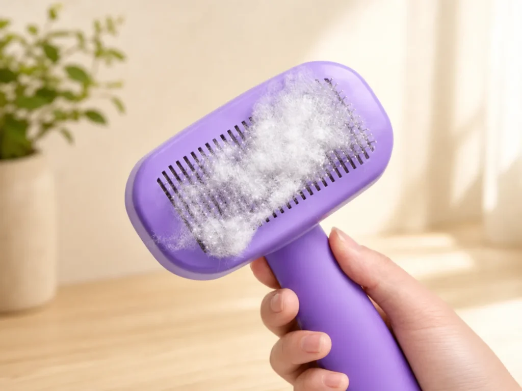 A pet owner clicking the button on a Hertzko Self-Cleaning Slicker Brush to retract bristles and peel off collected dog hair.