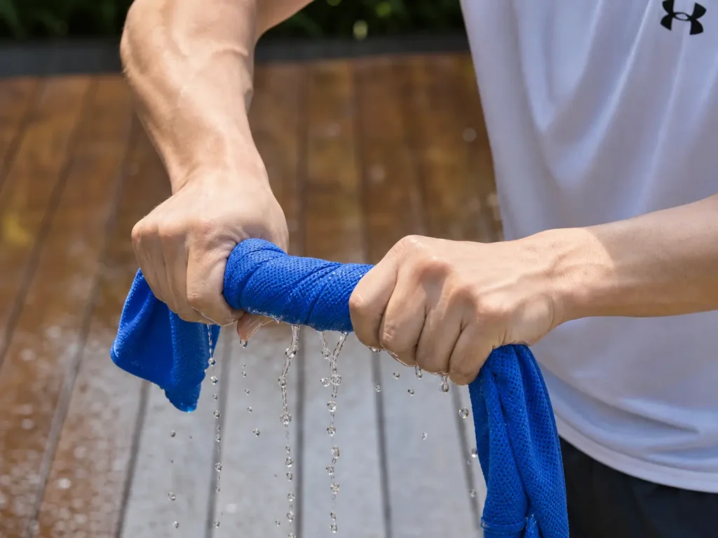 Hands wringing out a wet Frogg Toggs Chilly Pad cooling towel to activate its evaporative cooling system.