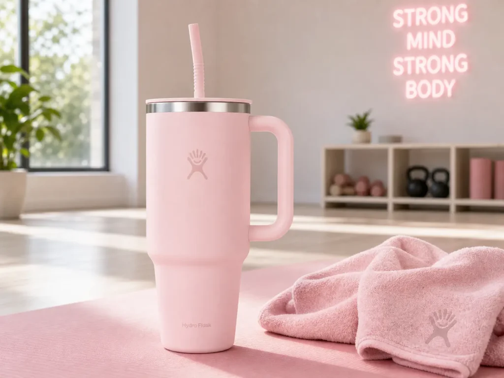 Pink Hydro Flask 40 oz Travel Tumbler on a yoga mat in a sunlit fitness studio.
