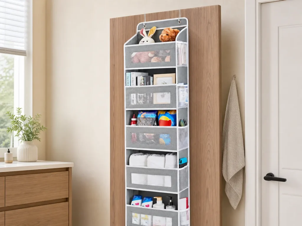 JARLINK 5-shelf hanging door organizer storage in grey with large rigid pockets holding books and snacks