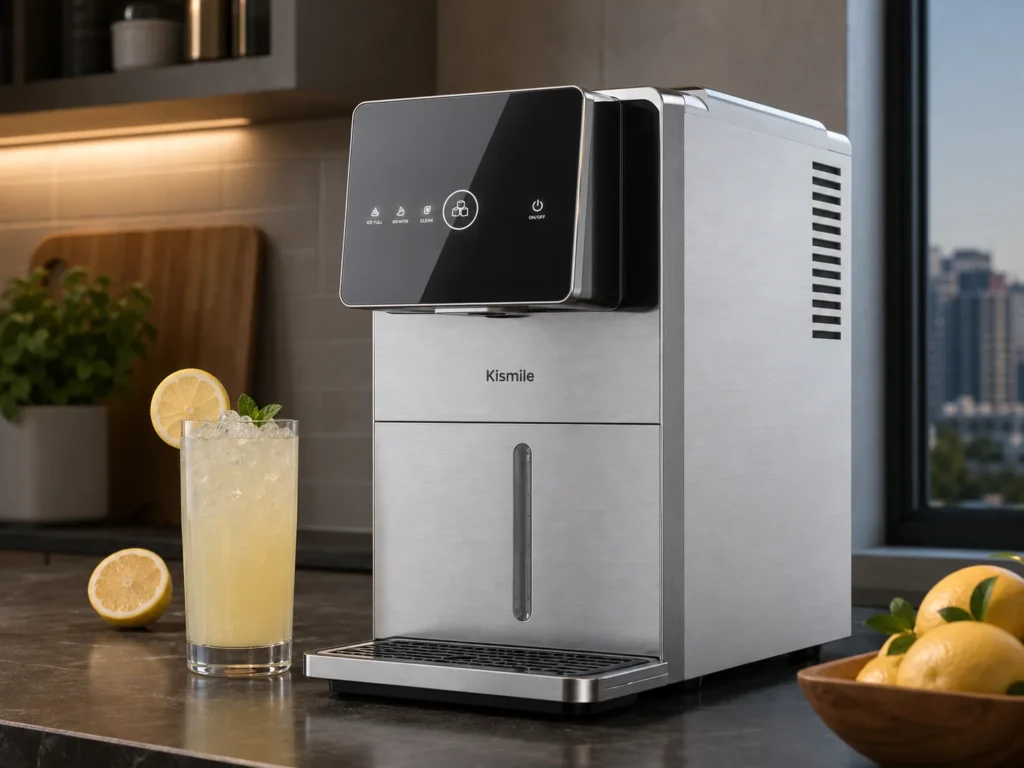 Kismile Nugget Ice Maker Countertop in a cozy apartment kitchen producing fresh crushed pellet ice on a budget.