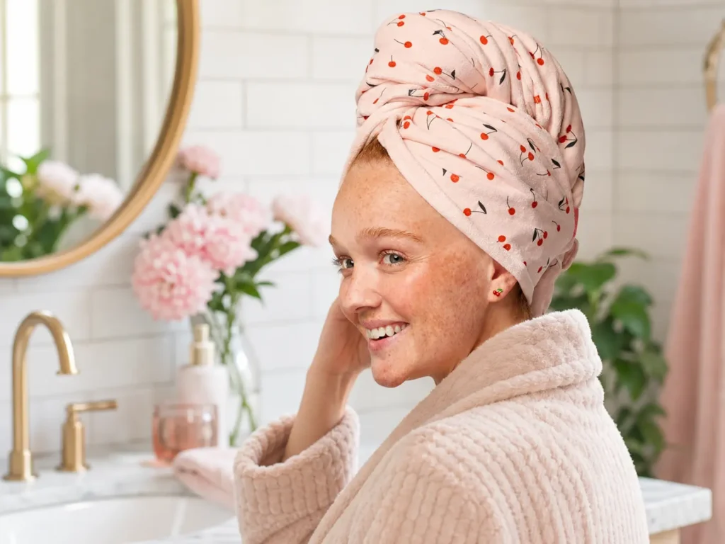 Woman wearing a Kitsch Microfiber Hair Towel Wrap to gently dry hair without friction frizz