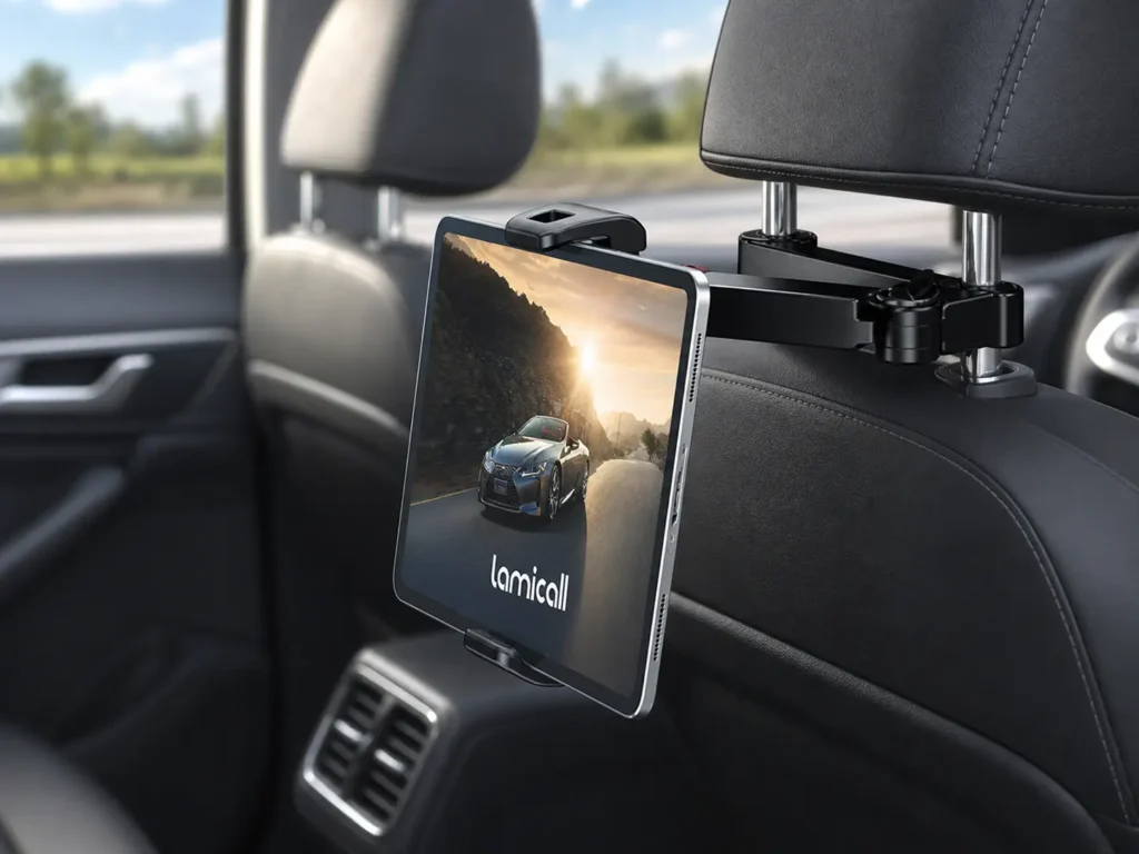 Lamicall Car Headrest Tablet Holder mounted on backseat headrest rods