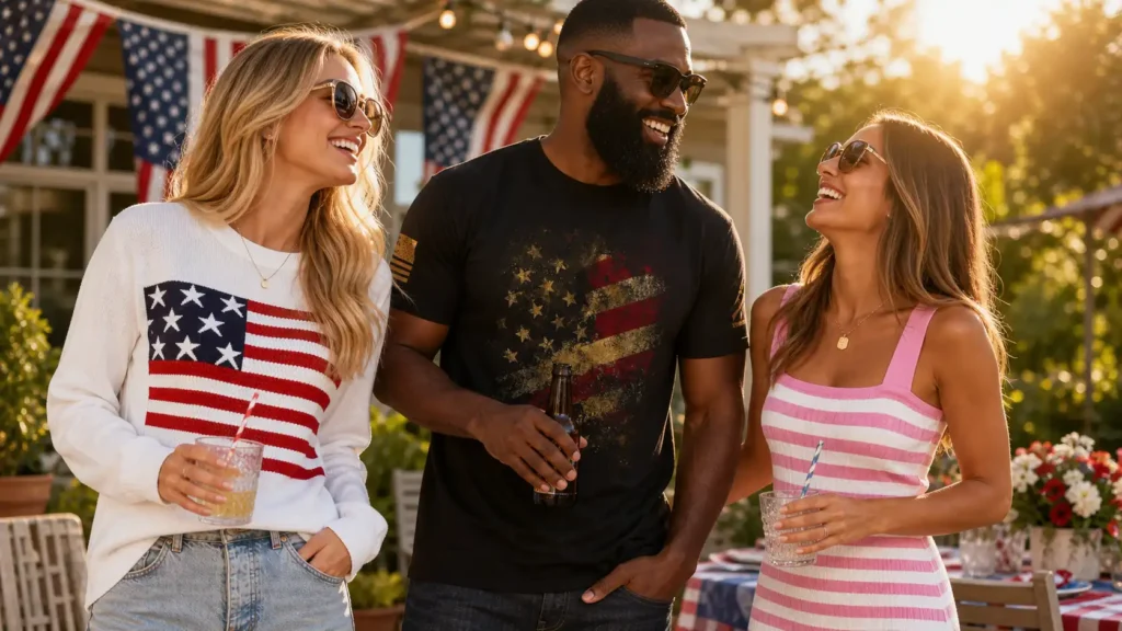 A group of friends celebrating and wearing last-minute 4th of july outfits