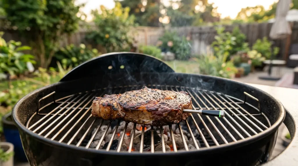 A thick ribeye steak on an outdoor charcoal BBQ grill, illustrating a Last-Minute BBQ Save with a wireless smart meat probe inserted.